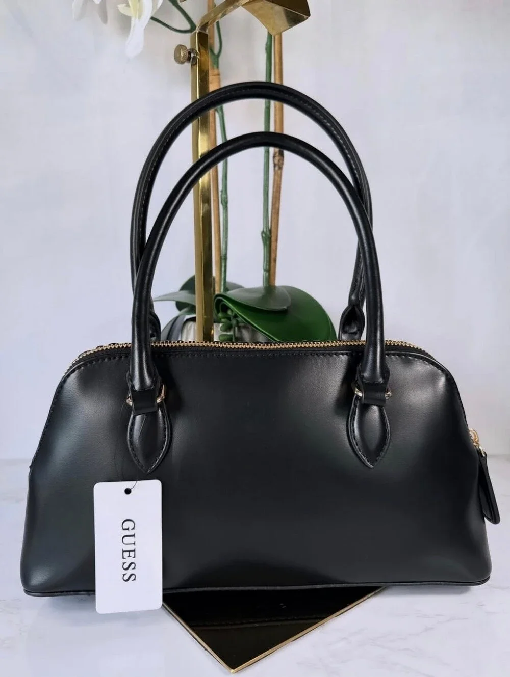 GUESS Black Quilted-Style Satchel with Gold Hardware